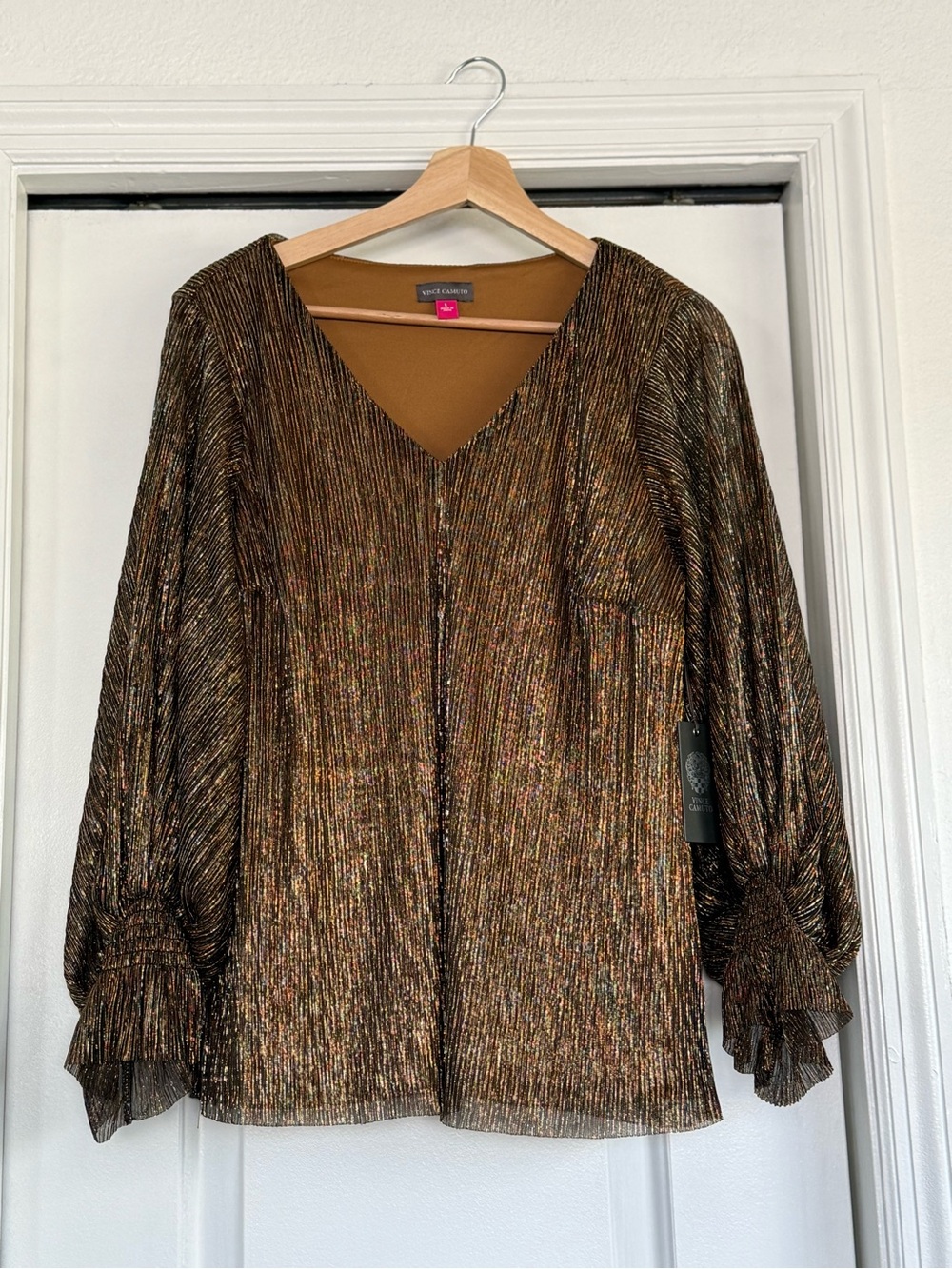 Vince Camuto Bronze Metallic V-Neck Pleated Blouse